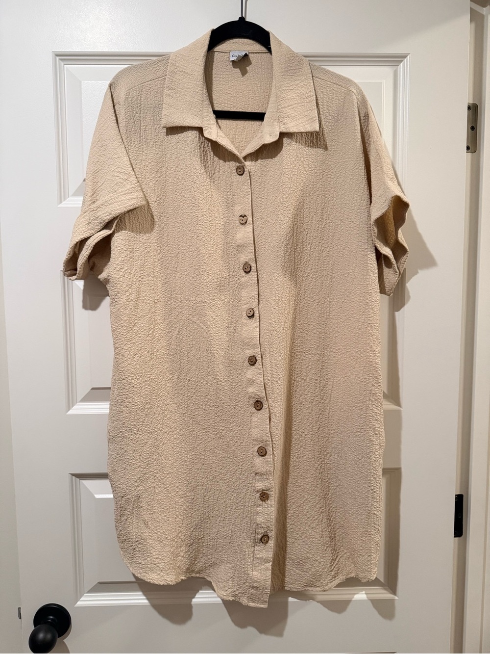 Beige Button-Front Short Sleeve Women's Knee Length Dress